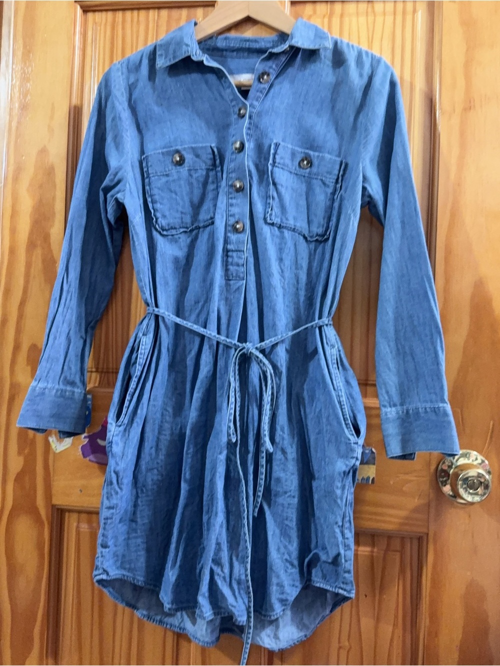 LOFT Blue Denim-Style Long Sleeve Shirt Dress with Tie